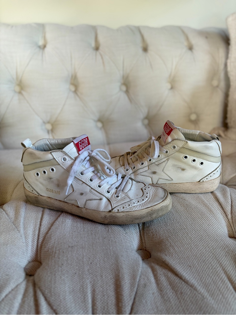 Golden Goose White Mid-Top Sneakers with Red Tongue Tab